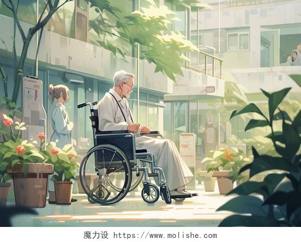坐轮椅的老人孤独的老人卡通插画